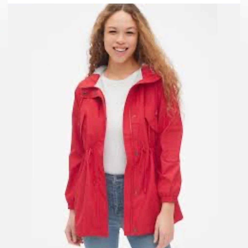 Gap Bright Red Mid Length Light hooded‎ rain boho Jacket size S cottage Core